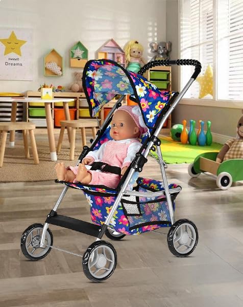fash n kolor® - Doll Stroller My First Baby Doll Strollers Toy - Flower Design with Basket in The Bottom - Dolls to Play Baby Doll Stroller for Girls, Toddler Play Toy Doll Buggy Carriage Foldable