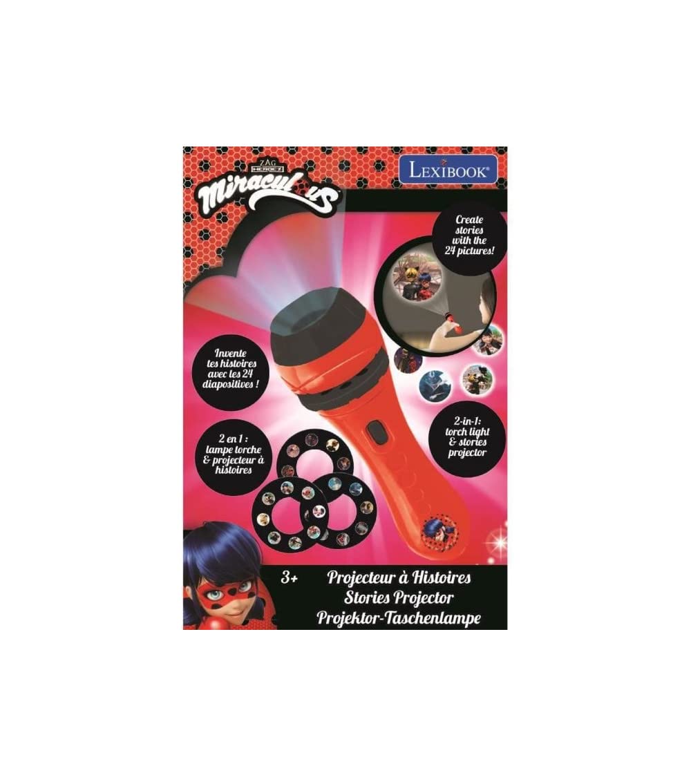 LEXiBOOK Miraculous, Stories Projector, Torch Light and Projector with 3 Discs, 24 Images, Create Your own Stories, LTC050MI