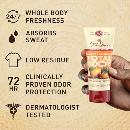 Old Spice Whole Body Deodorant for Men, Total Body Deodorant, Mandarin + Sandalwood, Aluminum Free Deodorant Cream for 24/7 Freshness // Dermatologist Tested Whole Body Deodorant, 3.0 oz