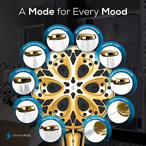 SparkPod 10-Mode Handheld Shower Head with Hose - 5" High Pressure Shower Head Set with Touch-to-Clean Nozzles, Built-In Power Jet, Stainless Steel 6ft Hose & Bracket (Egyptian Gold)