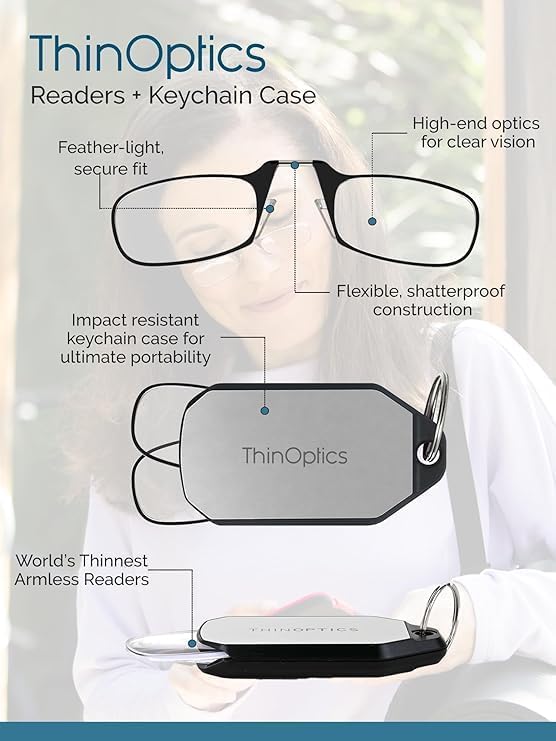 ThinOptics Keychain Case and Readers Rectangular Reading Glasses, Black, 44 mm + 1.5