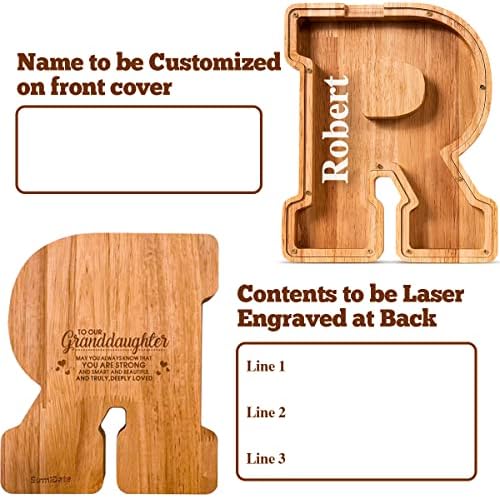 Summidate Customized Name Large Wooden Piggy Bank for Kids Boys Girls Alphabets Letter A-Z Coins Bills Money Change Bank Box Initial on Clear Cover (Laser Engraved) (Alphabet-R, Personalized-9")