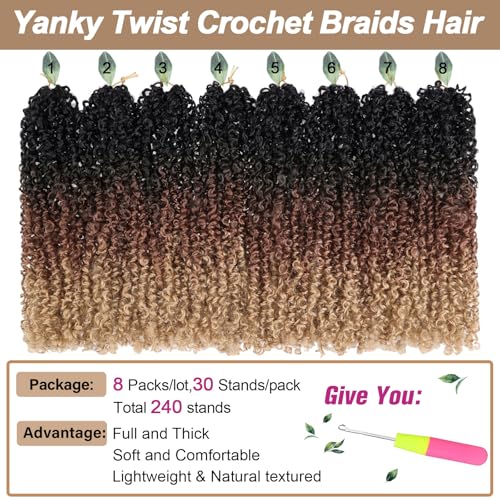 COOKOO 12 Inch 8 Pcs Boho Yanky Twist Crochet Hair with Curly Ends Ombre Brown and Blonde Bouncy Passion Twist Synthetic Braids Pre-looped Micro Spring Twist Hair Yanky Twists for Women 1B/30/27#