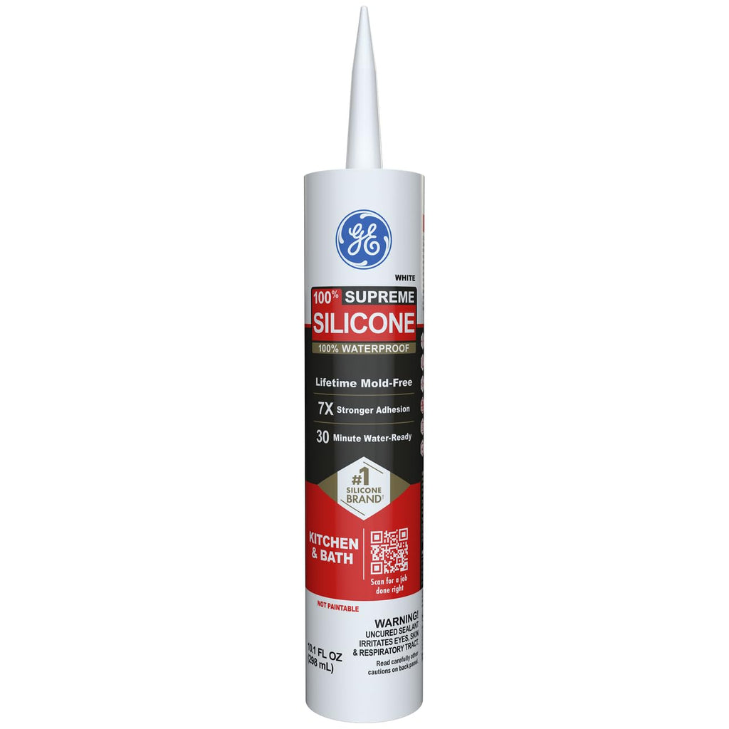 GE Supreme Silicone Caulk for Kitchen & Bathroom, White, 10 fl oz Cartridge, 1 Pack - 100% Waterproof Silicone Sealant, 7X Stronger Adhesion, Shrink & Crack Proof