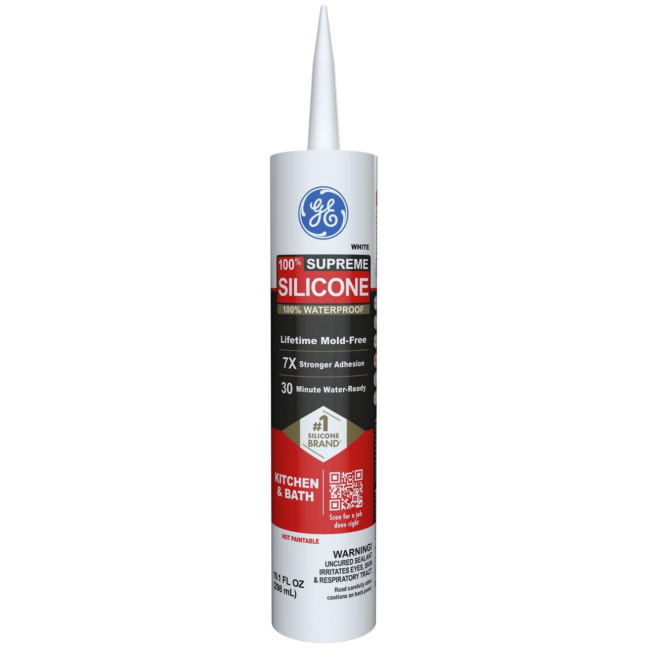 GE Supreme Silicone Caulk for Kitchen & Bathroom, White, 10 fl oz Cartridge, 1 Pack - 100% Waterproof Silicone Sealant, 7X Stronger Adhesion, Shrink & Crack Proof