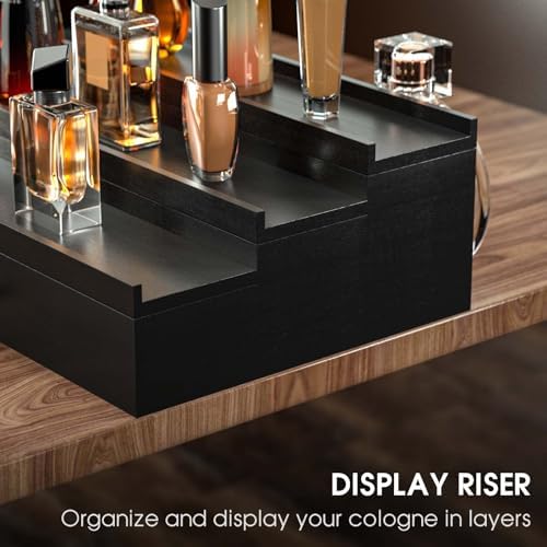 Sephyroth Wooden Cologne Organizer for Men 3 Tier of Elevated Cologne Display Shelf with Drawer Storage Perfume Organization and Storage Display Risers,Great Gift for Man(Black)