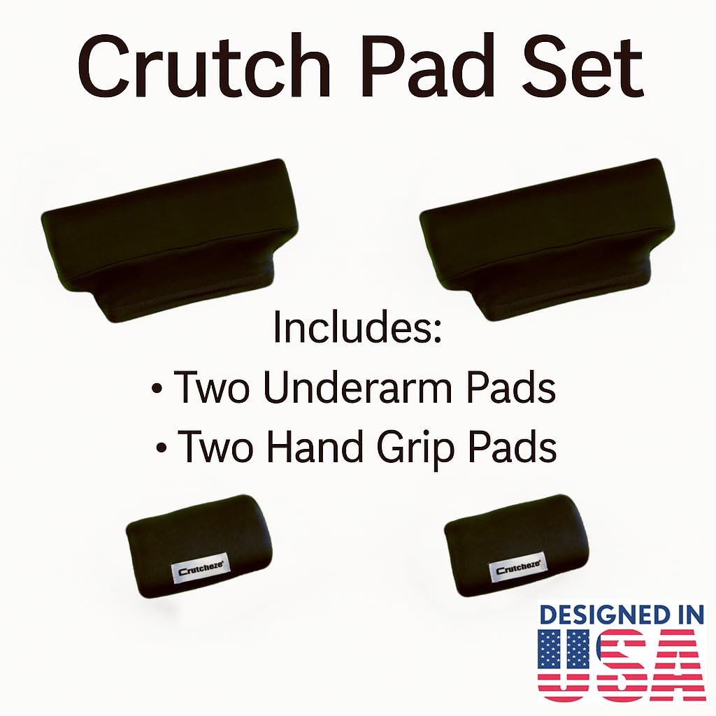 Crutch Pads & Hand Grip Covers for Underarm Crutches – Comfortable Soft Cushion Set, Breathable & Washable – Armpit & Handle Padding Crutch Accessories for Adults – Crutcheze – Black