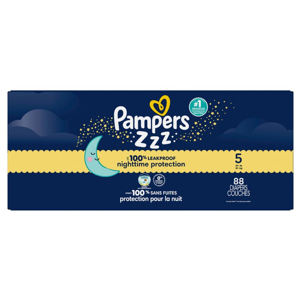 Pampers ZZZ Overnight Diapers, Size 5 (20-37 lbs), 88 Count, Nighttime Protection Disposable Baby Diaper