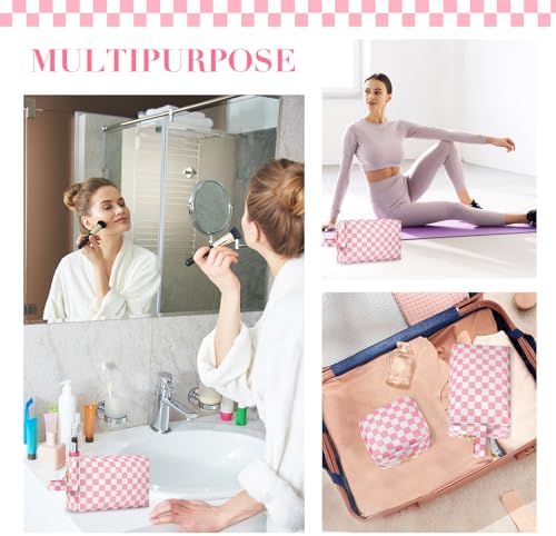 2Pcs Makeup Bag for Women, Large Checkered Cosmetic Bags with Small Makeup Brushes Bag Set, Cute Leather Make Up Orgnizer with Zipper, Travel Skincare Toiletry Storage Bag for Teens Girls Gifts(Brown)