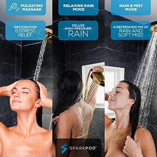 SparkPod 10-Mode Handheld Shower Head with Hose - 5" High Pressure Shower Head Set with Touch-to-Clean Nozzles, Built-In Power Jet, Stainless Steel 6ft Hose & Bracket (Egyptian Gold)