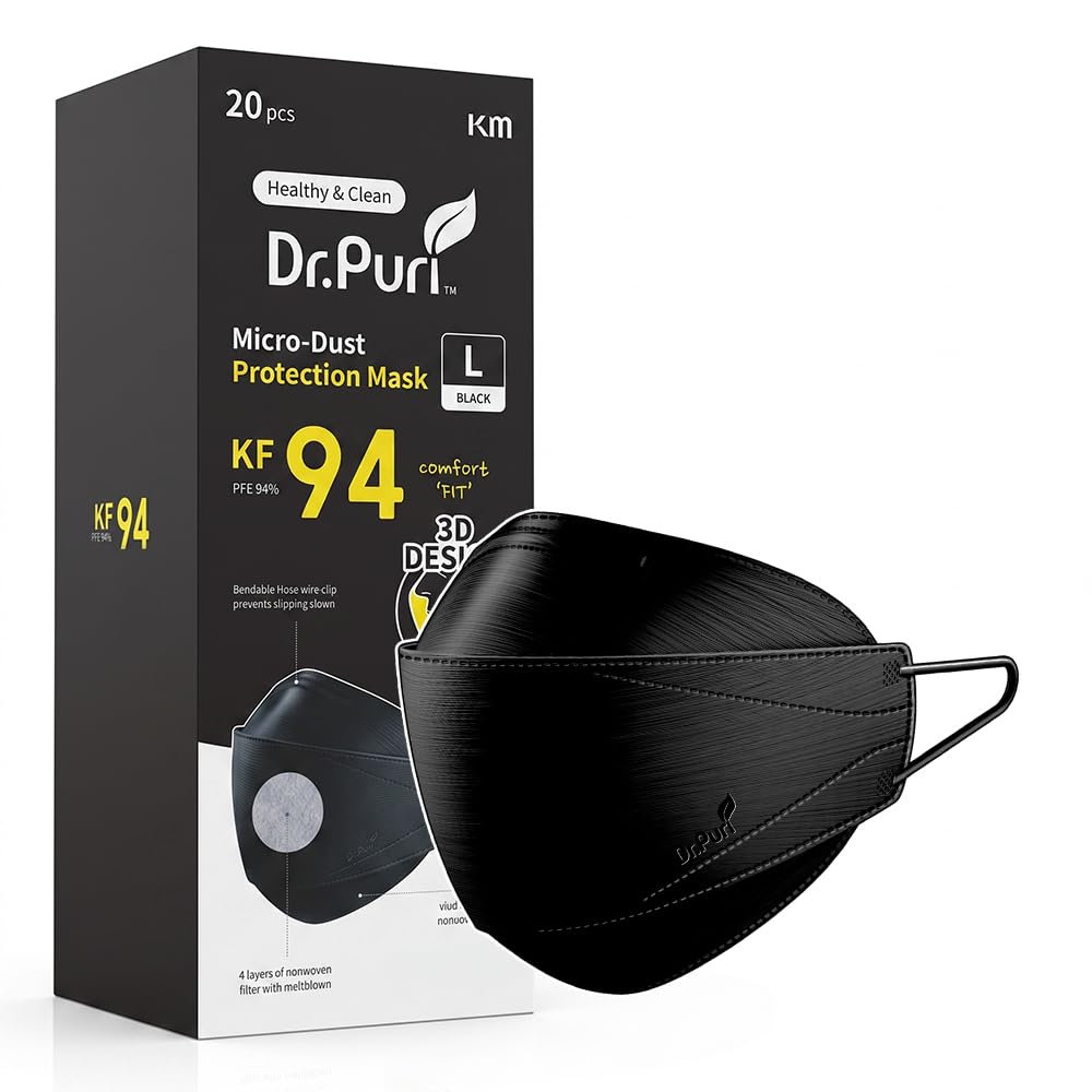 Dr.Puri [20 Pack New Micro-Dust Protection Face Premium Mask (KF94) Black Large