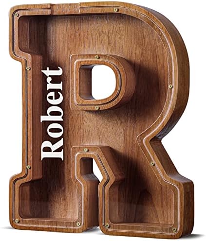 Summidate Customized Name Extra Large Wooden Piggy Bank for Kids Boys Girls Alphabets Letter A-Z Coins Bills Money Change Saving Box Clear Cover (Laser Engraved) Educational Toys 12"- Letter R