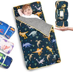 Primlect Thickened Toddler Nap Mat with Removable Pillow and Minky Blanket, Extra Large 55''x35'' Sleeping Bag, Washable, Roll up, Perfect for Daycare, Preschool, Kindergarten, Boys and Girls Dinosaur