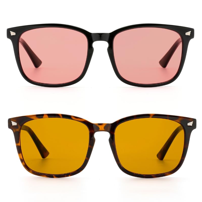 2 Pack Indoor FL-41 Pink & Outdoor Fluorescent-60 Brown Tinted Migraine Light Sensitivity Glasses for Photophobia, Fluorescent LED Glare and Computer, Two Pairs Blue Light Blocking Eyeglasses