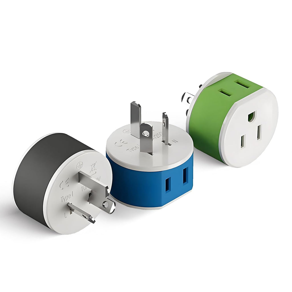 OREI Australia, New Zealand, China Power Plug Adapter with 2 USA Inputs - Travel 3 Pack - Type I (US-16) Safe Grounded Use with Cell Phones, Laptop, Camera Chargers, CPAP, and More