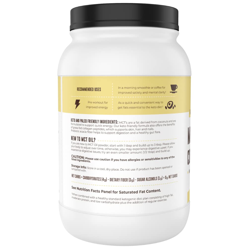 MCT Oil Powder with Acacia Fiber & Collagen Peptides – Prebiotic Collagen Protein, 10g MCTs from Coconuts, Sugar Free Keto Coffee Creamer – Grass Fed, Vanilla Flavor, Non-GMO, Gluten Free, 32 oz