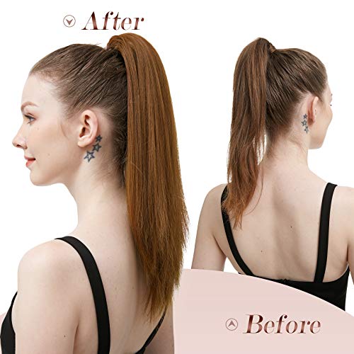 FESHFEN Straight Ponytail Extensions Long Drawstring Natural Synthetic Pony Tail Hair Pieces Clip in Ponytails Hairpieces for Women, Black Brown 14 inch