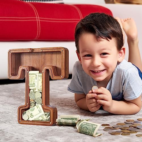 Summidate Customized Name Extra Large Wooden Piggy Bank for Kids Boys Girls Alphabets Letter A-Z Coins Bills Money Change Saving Box Clear Cover (Laser Engraved) Educational Toys 12"- Letter T