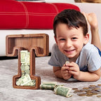 Summidate Customized Name Extra Large Wooden Piggy Bank for Kids Boys Girls Alphabets Letter A-Z Coins Bills Money Change Saving Box Clear Cover (Laser Engraved) Educational Toys 12"- Letter T