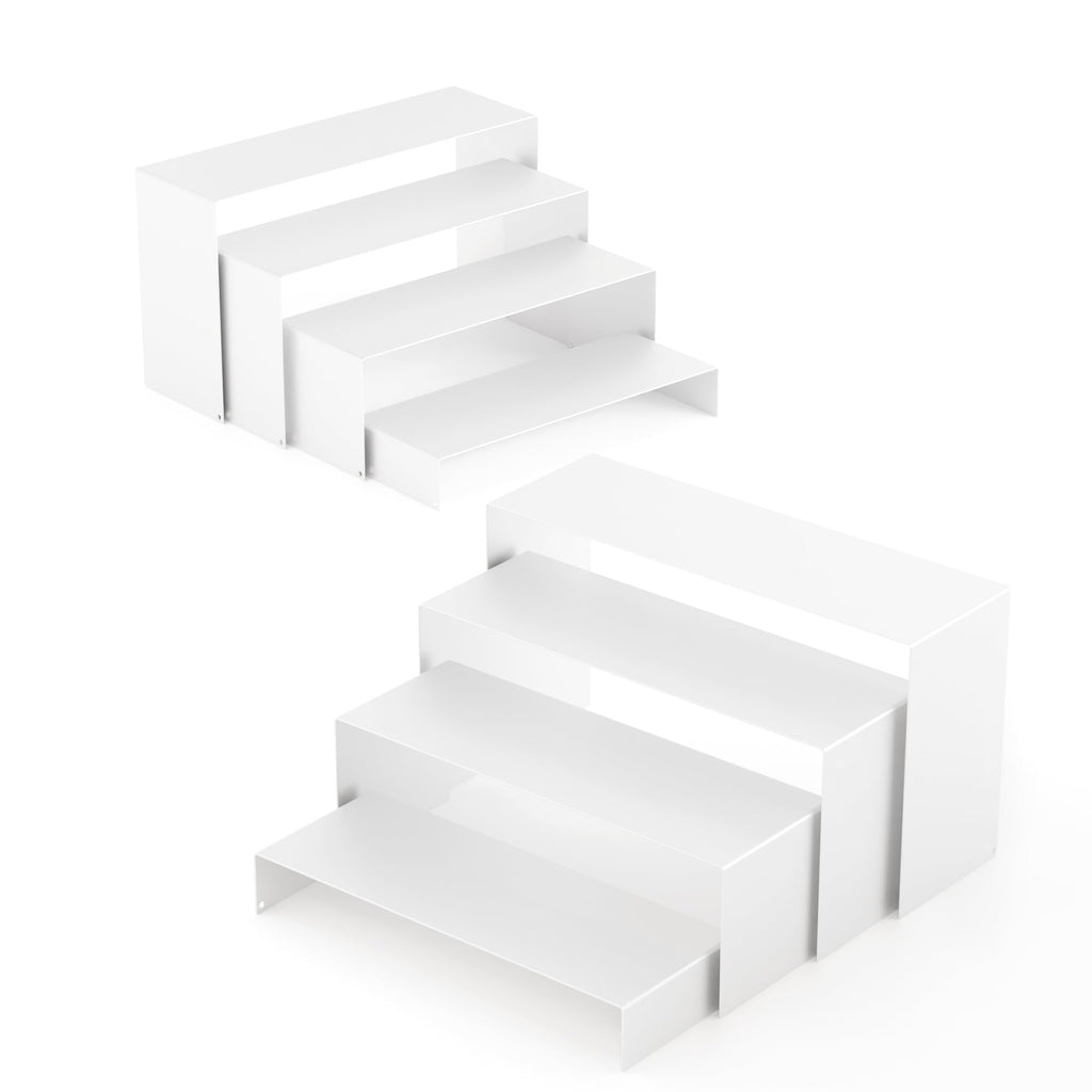 NEETBU White Matte Metal Display Stand,8 Pcs 2 Set Display Risers, Metal Rectangular Display Shelf Holders for Showcase, Dessert, Perfume, Vendor Events, Cupcake Stands, Toys Display Shelves ( 8Pcs-White, 7”L~8”L~9”L )