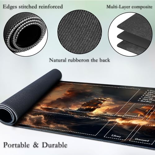for MTG Game Playmat, for Magic TCG Rubber Play mat,Tabletop Card Playmats with Smooth Surface,Trading Card Inked Game Mat with Zones,Battle Game,Pirate Ship