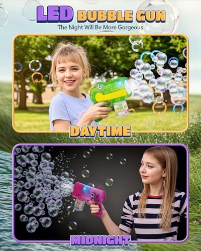 Bubble Gun 2 Packs for Kids, Automatic Bubble Machine with 2 Bottles &25 Bags Refill Solution, Bubble Maker Gifts for Kids, Outdoor Game Toys for Boys&Girls Ages 3+ (Green&Pink(8-Hole))
