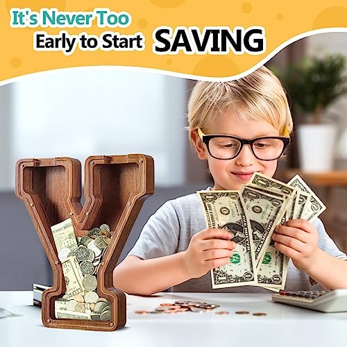 Summidate Customized Name Large Wooden Piggy Bank for Kids Boys Girls Alphabets Letter A-Z Coins Bills Money Change Bank Box Initial on Clear Cover (Laser Engraved) (Alphabet-Y, Personalized-12)