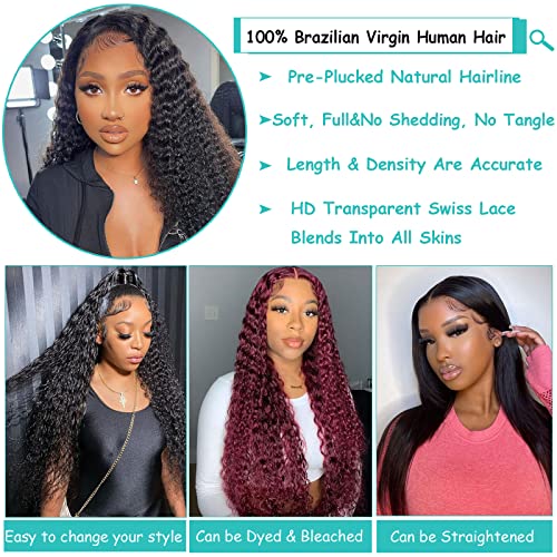 28Inch Deep Wave Lace Front Wigs Human Hair-13x4 HD Transparent Deep Wave Frontal Wigs Glueless Curly Wigs for Women 180% Density Curly Lace Front Wigs Human Hair Pre Plucked with Baby Hair