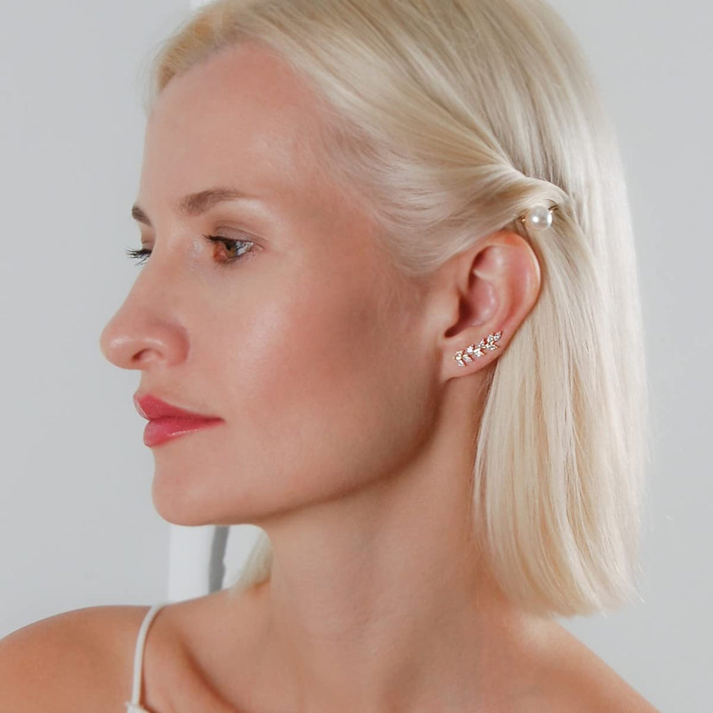 CZ Ear Climber Earrings for Women, 14K Gold Plated Dainty Leaf Crawler Cuff