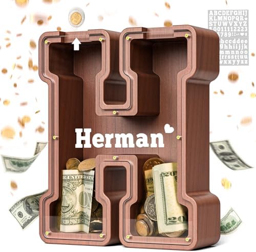 Summidate Wooden Letter Piggy Bank, Extra Thick Large Capacity Piggy Bank for Kids Boys Girls Toddler, Alphabet H Money Bank| Coin Box Birthday, Christmas, Festival