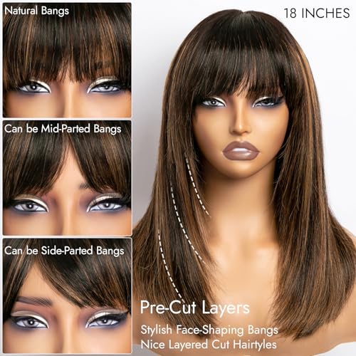 Bang Wigs Human Hair Glueless Straight Layered Bob Hairstyle 4x2 Transparent Lace Ombre Brown Highlights for Women 18 Inch