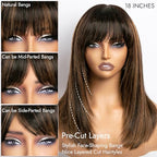 Bang Wigs Human Hair Glueless Straight Layered Bob Hairstyle 4x2 Transparent Lace Ombre Brown Highlights for Women 18 Inch