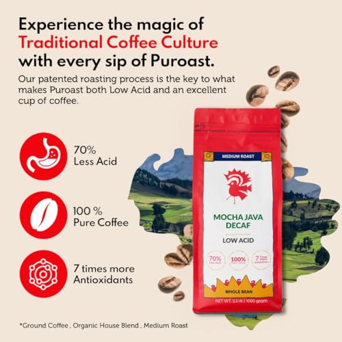 Puroast Low Acid Coffee Decaf Flavored | Decaf Mocha Java Whole Bean | Medium Roast | High Antioxidants & High pH |No Bitter Aftertaste | Reduced Heartburn & GERD | Suitable for Cold Brew - 2.2 LB