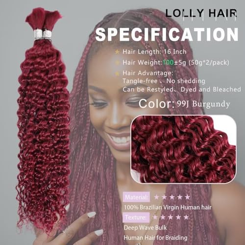 Burgundy Deep Wave Human Braiding Hair for Boho Braids 2 Bundles Total 100g 16 Inch Deep Wave Bulk Human Hair for Braiding No Weft Brazilian Virgin Curly Human Hair Extensions