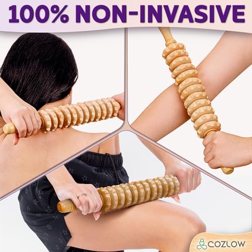 Wooden Massage Roller Stick (12 Rollers) - Curved Wood Therapy Massage Tool for Body Sculpting, Fascia Release & Lymphatic Drainage - Maderotherapy Helps Reduce Cellulite Appearance - by Cozlow