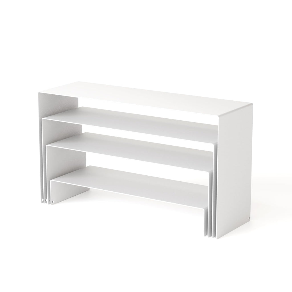 NEETBU White Matte Metal Display Stand,8 Pcs 2 Set Display Risers, Metal Rectangular Display Shelf Holders for Showcase, Dessert, Perfume, Vendor Events, Cupcake Stands, Toys Display Shelves ( 8Pcs-White, 7”L~8”L~9”L )