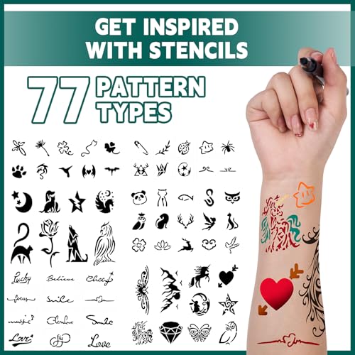 Temporary Tattoo Markers for Skin | Dual-End 16-Count Body Markers + 77 Large Tattoo Stencils | Temporary tattoos for Adults and Kids | Flexible Brush Tip, Bright colors, Skin-Safe*, Cosmetic-Grade
