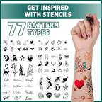 Temporary Tattoo Markers for Skin | Dual-End 16-Count Body Markers + 77 Large Tattoo Stencils | Temporary tattoos for Adults and Kids | Flexible Brush Tip, Bright colors, Skin-Safe*, Cosmetic-Grade
