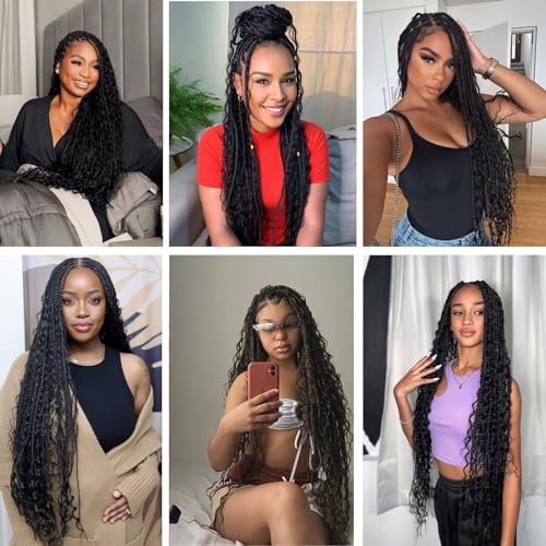 Goddess Box Braids Crochet Hair - 24 inch Crochet Box Braids Pre Looped 8 packs Boho Box Braids Crochet Hair Curly Ends,Bohomian Box Braid Crochet Hair for Black Women 1b