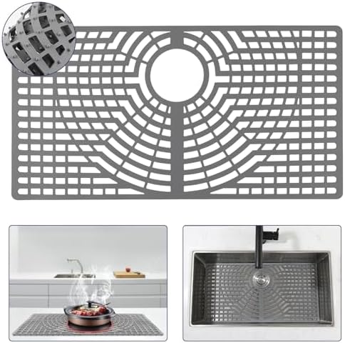 Silicone Sink Protector 26“x14" Rear Drain Hole, Heat Resistant Non-slip Dishwasher Suitable, Large Mat for Bottom of Farmhouse Kitchen Stainless Steel Sink(Grey）