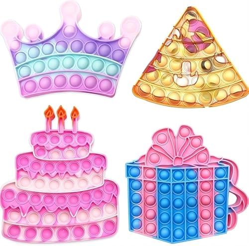 QETRABONE 4 Pcs Birthday Cake Crown Fidget Toys for Girl, Pop Fidget Toys Gift Bubbles Toy, Pizza Silicone Fidget Sensory Squeeze Bubbles Toy, Stress Relief Anti-Anxiety Autism