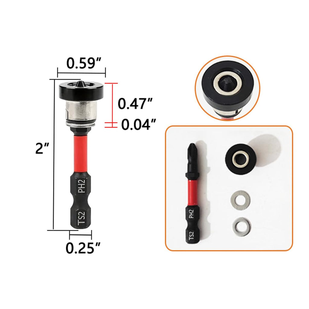 5pcs Magnetic Drywall Screw Setter Bits – Adjustable Depth PH2 Positioning Bits with Removable Aluminum Collar, S2 Steel Hex Shank for Sheetrock and Plasterboard Screws (10pcs 2")