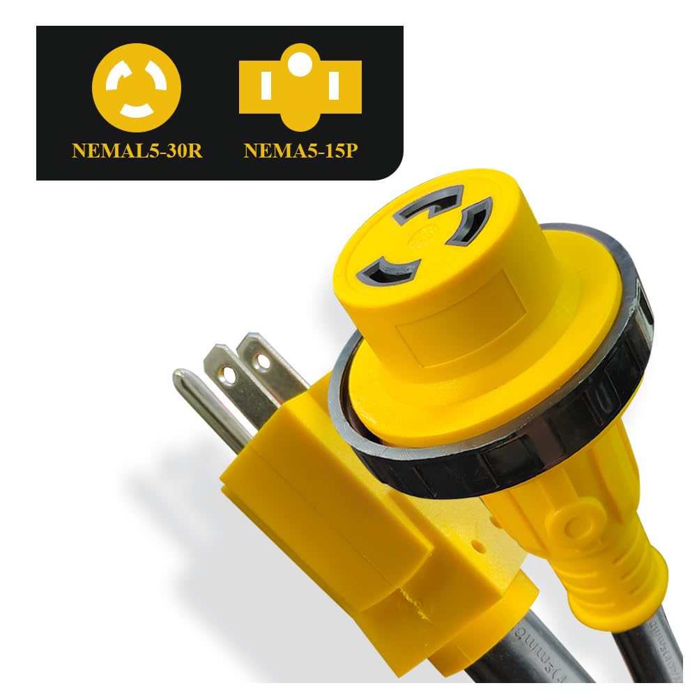 RV 30 Amp to 110 Adapter Power Cord 12 Inch-NEMA 5-15P to L5-30R 15 Amp to 30 Amp Male to Female RV Electrical Adapter with Twist Lock,Plug in 30amp RV/Camper into A 15 Amp Electrical Outlet,15A/125V