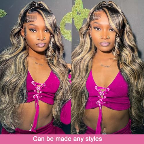 28 Inch 1B/27 13x6 Balayage Highlight Ombre Body Wave Lace Front Wigs Human Hair Honey Blonde Colored Lace Frontal Glueless Wigs Human Hair Pre Plucked for Women with Baby Hair