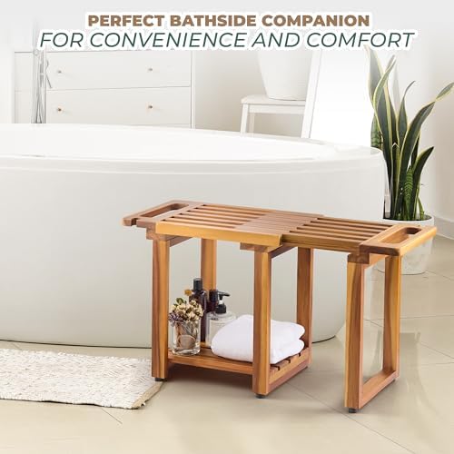 BLUEWEST Adjustable Shower Bench Stool for Inside Shower – 31.7'' Wood Bathroom Bench with Storage Shelf, Built-in Handle & Shower Head Holder, Waterproof Ideal for Sitting, Shelving Legs and Spa Use