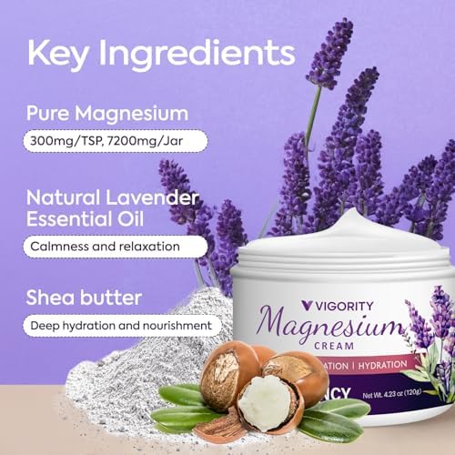 Vigority Magnesium Cream for Sleep: Magnesium Lotion for Leg Cramps - Soothing Magnesium with Lavender, Vitamin E and Shea Butter - Safe for Kids & Pregnant Individuals - 4.23 oz