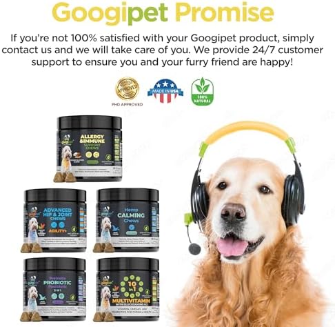 Googipet Dog Allergy Chews, Dog Allergy Relief & Itchy Skin Relief, Skin & Coat Supplement +Bee Pollen, Colostrum for Dogs, Coconut Oil, Probiotics, & Omega 3 Fish Oil to Reduce Constant Scratching