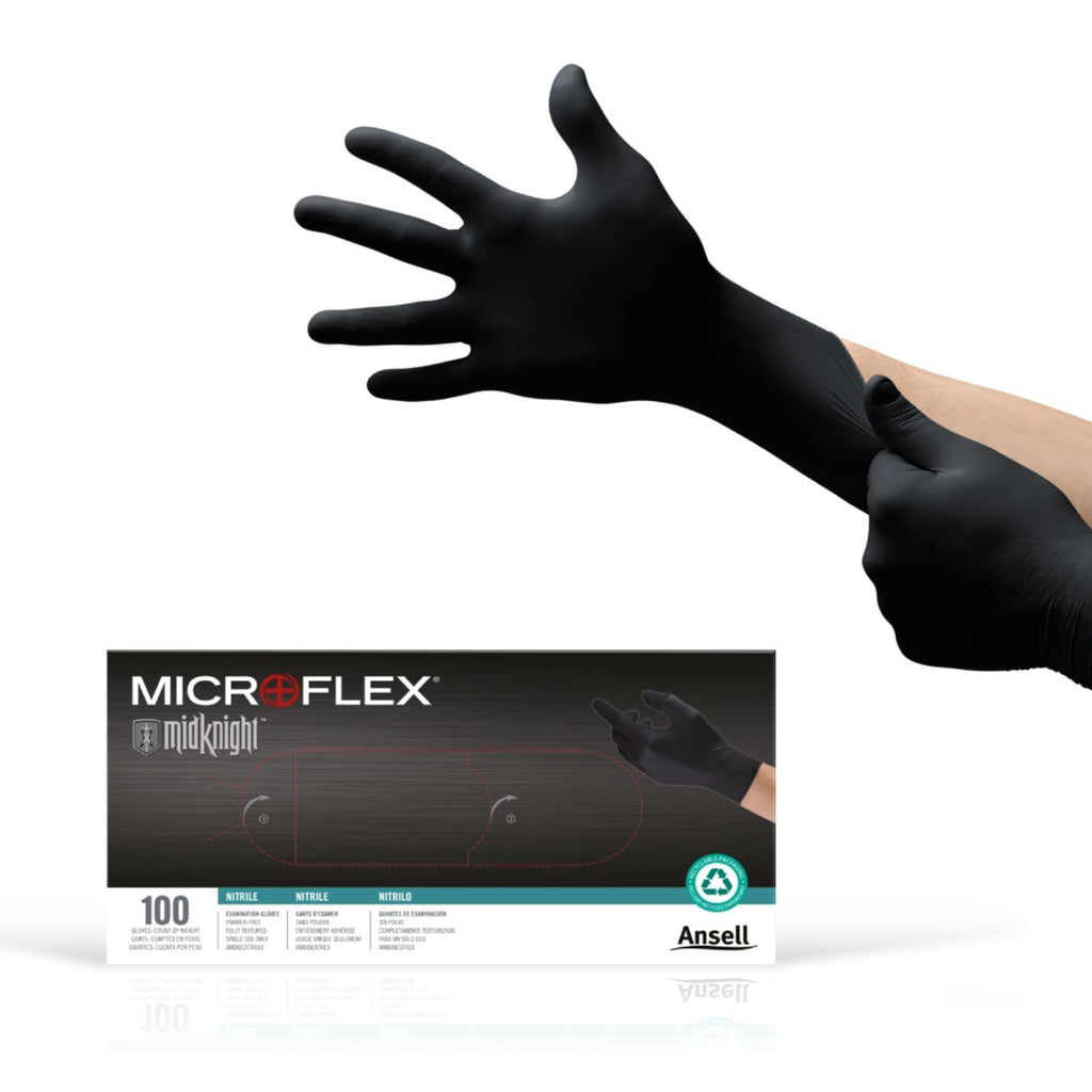 Ansell MICROFLEX MidKnight MK-296 Disposable Nitrile Gloves for Automotive, Law Enforcement w/ Full Texture - Large, Black (Box of 100)