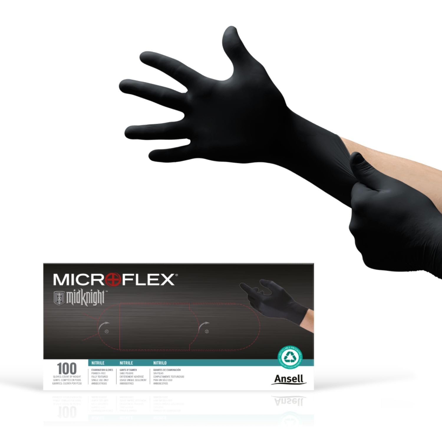 Ansell MICROFLEX MidKnight MK-296 Disposable Nitrile Gloves for Automotive, Law Enforcement w/ Full Texture - Large, Black (Box of 100)