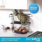 BIRDROCK HOME Stacking Wire Market Basket w/Chalk Label - Metal Storage Bin - Kitchen Counter, Pantry Cabinet, Shelves | Fruit, Vegetables, Bread, Onions, Potatoes & Snack - Metallic Black - Set of 2